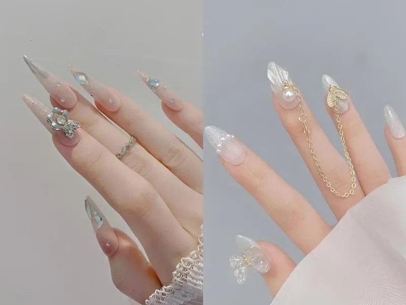 Mẫu nail móng nhọn đính đá sang trọng, quý phái cho nàng