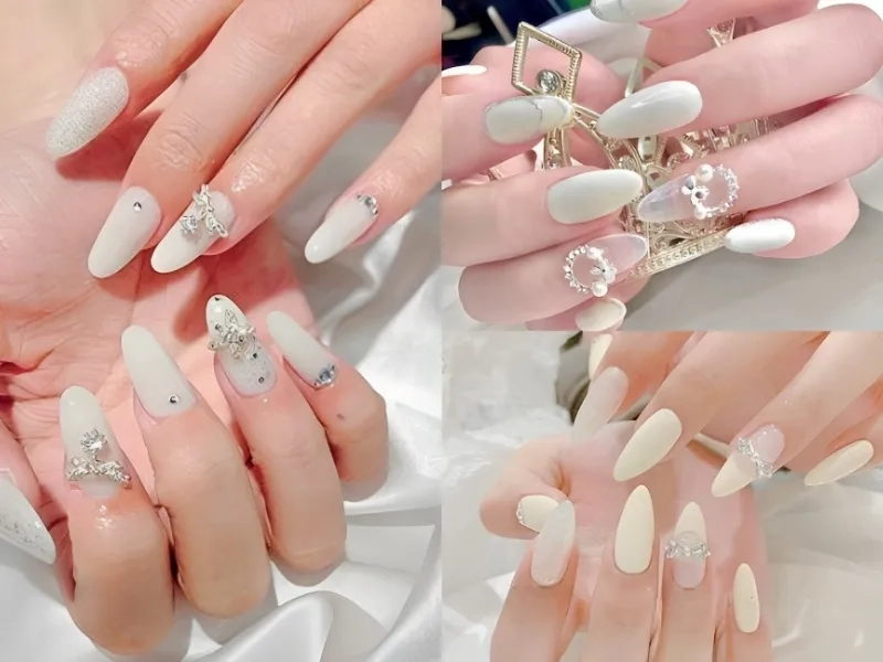 Nail nhọn trắng đơn giản nhưng đầy tinh tế
