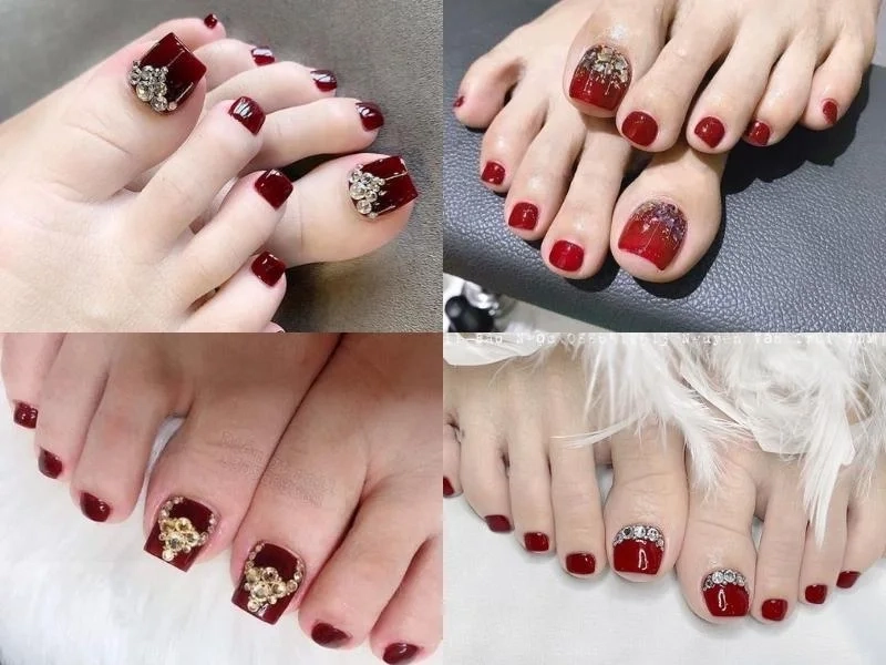 Móng chân màu đỏ đính đá giúp đôi chân thêm phần sang trọng