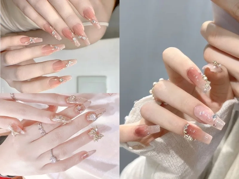 Nail thạch hồng đính đá sang trọng giúp nàng luôn nổi bật