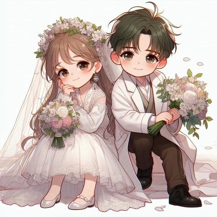 Hình cô dâu chú rể chibi dễ thương hợp làm ảnh cưới