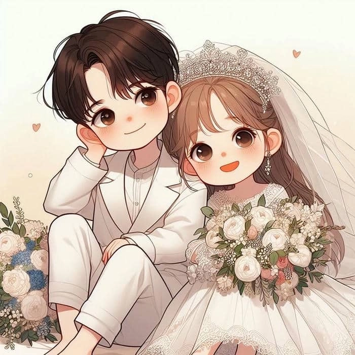 Avatar đôi cô dâu chú rể chibi thể hiện tình yêu