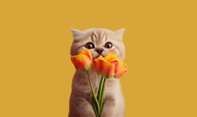 Meme mèo cầm hoa dễ thương dùng để gửi lời yêu