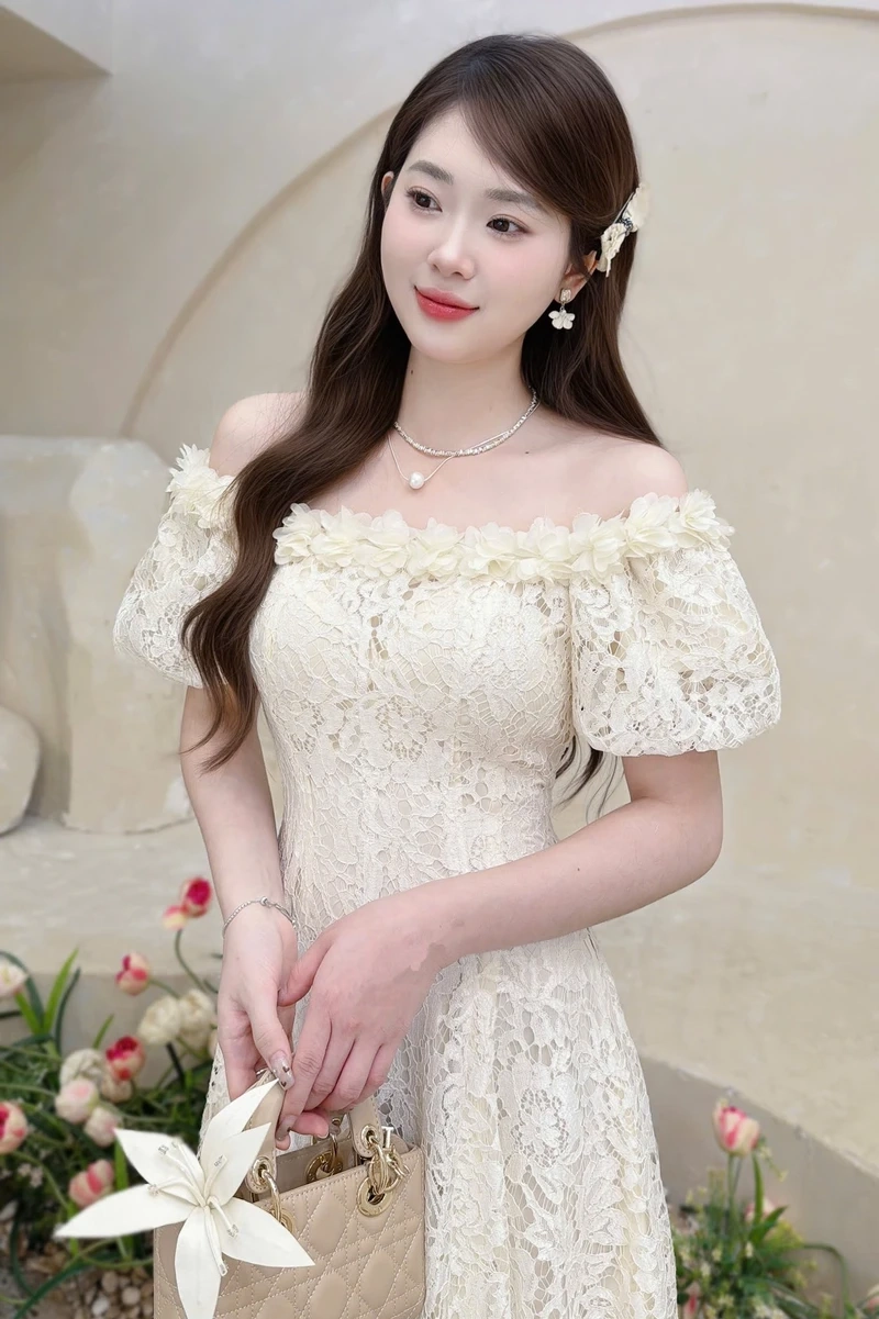 Sắc trắng tinh khôi của gái đẹp mặc đầm trễ vai trắng