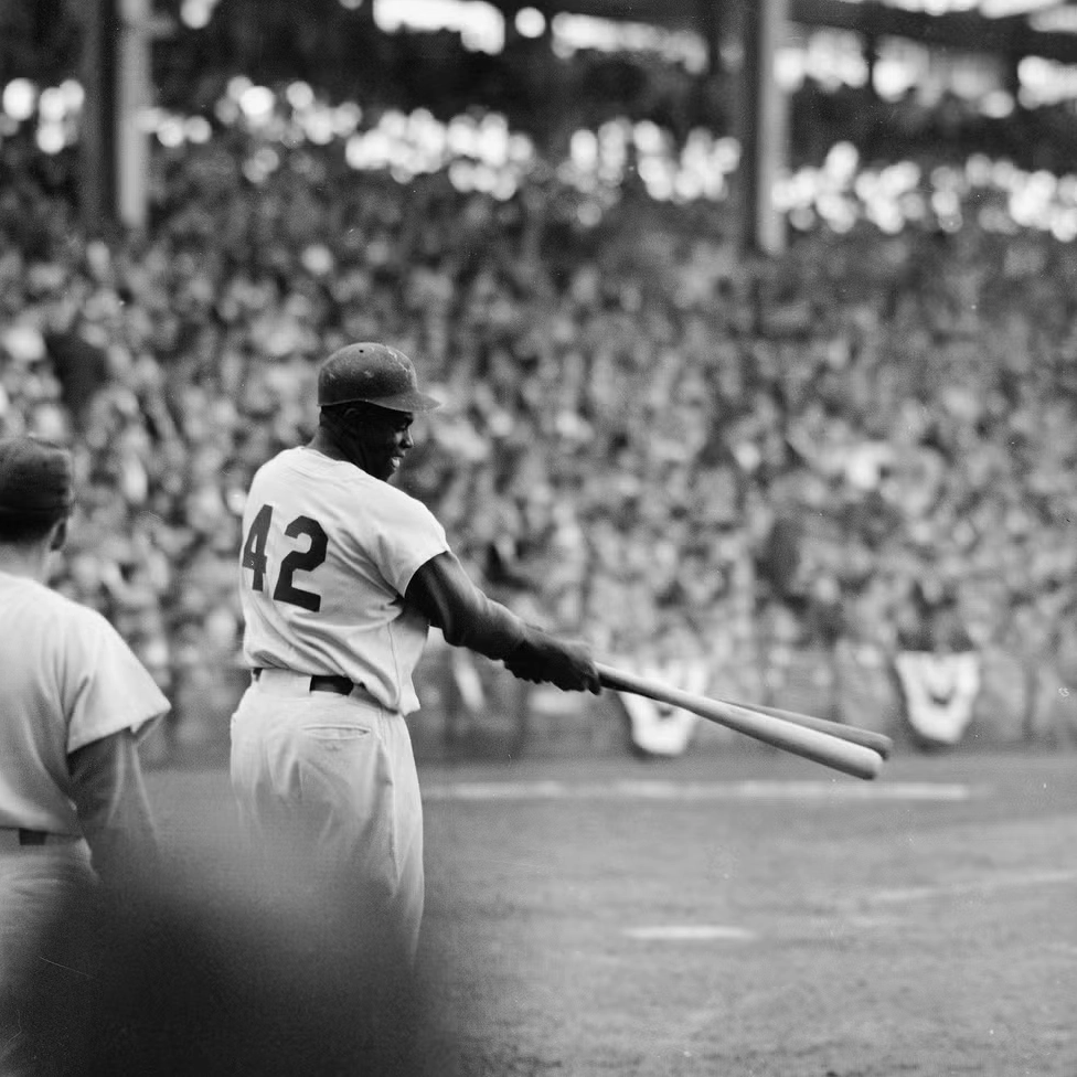 Một người đàn ông mặc áo bóng chày số 42 và đội mũ đang vung hai gậy gần sân bóng chày, khán giả theo dõi, Tiểu sử Jackie Robinson
