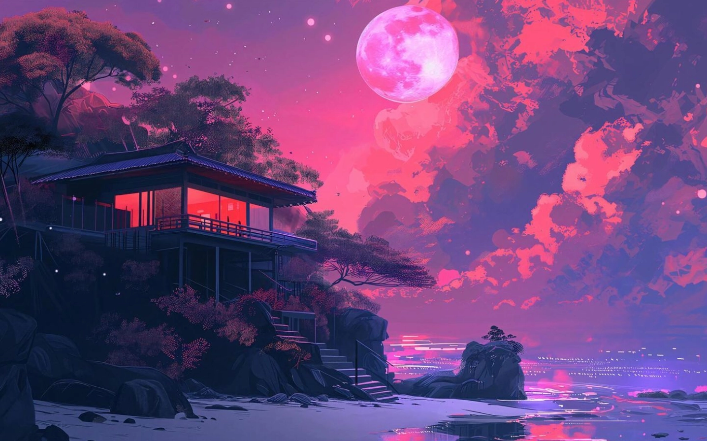 Ảnh bầu trời chiều tối với trăng hồng dịu dàng trên mái nhà đồi cao