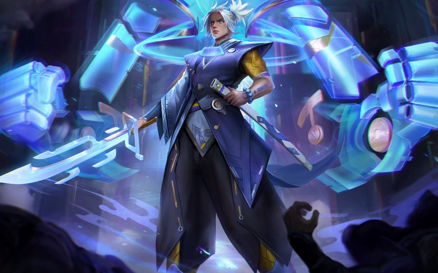 Ảnh hình nền gaming đẹp kiếm sĩ mang phong cách hiện đại với thanh đại bảo kiếm