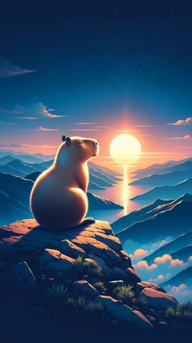 Ảnh nền capybara ngắm cảnh hoàng hôn lãng mạn rực rỡ sắc màu