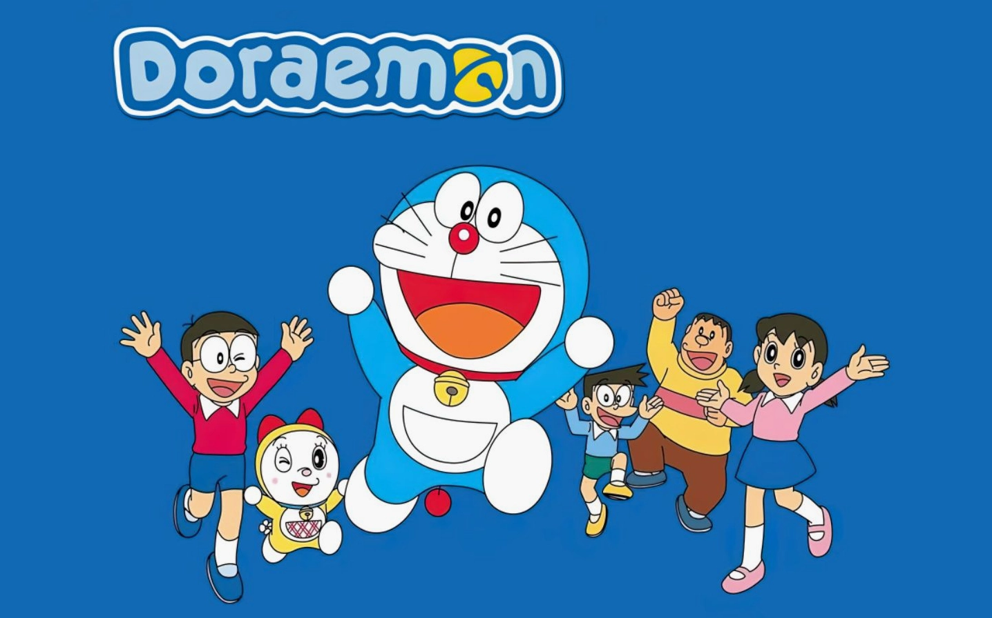 Ảnh nền doraemon và nhóm bạn tươi cười sẵn sàng cho ngày mới