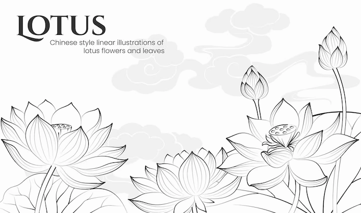 Ảnh nền hoa sen phật giáo phiên bản ngang minh họa tuyến tính vẽ tay nghệ thuật