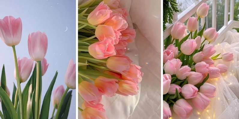 Ảnh nền hoa tulip hồng mang phong cách cute dễ thương thích hợp làm màn hình khóa điện thoại