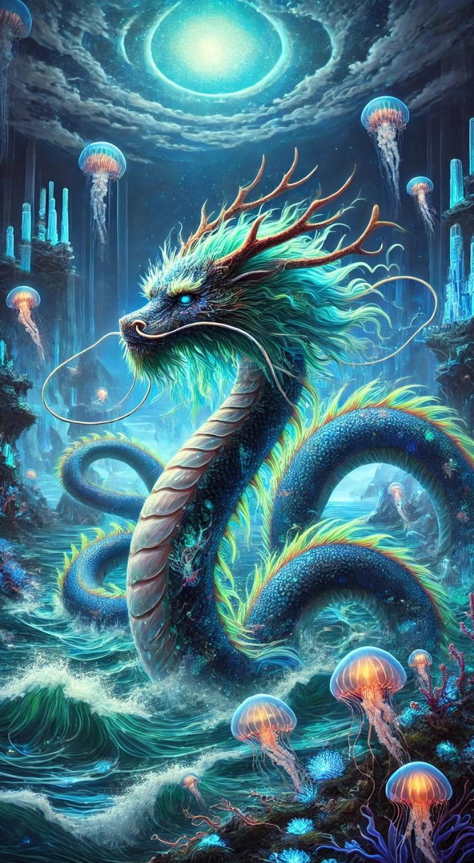 Ảnh nền rồng 3D màu xanh lam huyền bí giữa bầu trời đêm