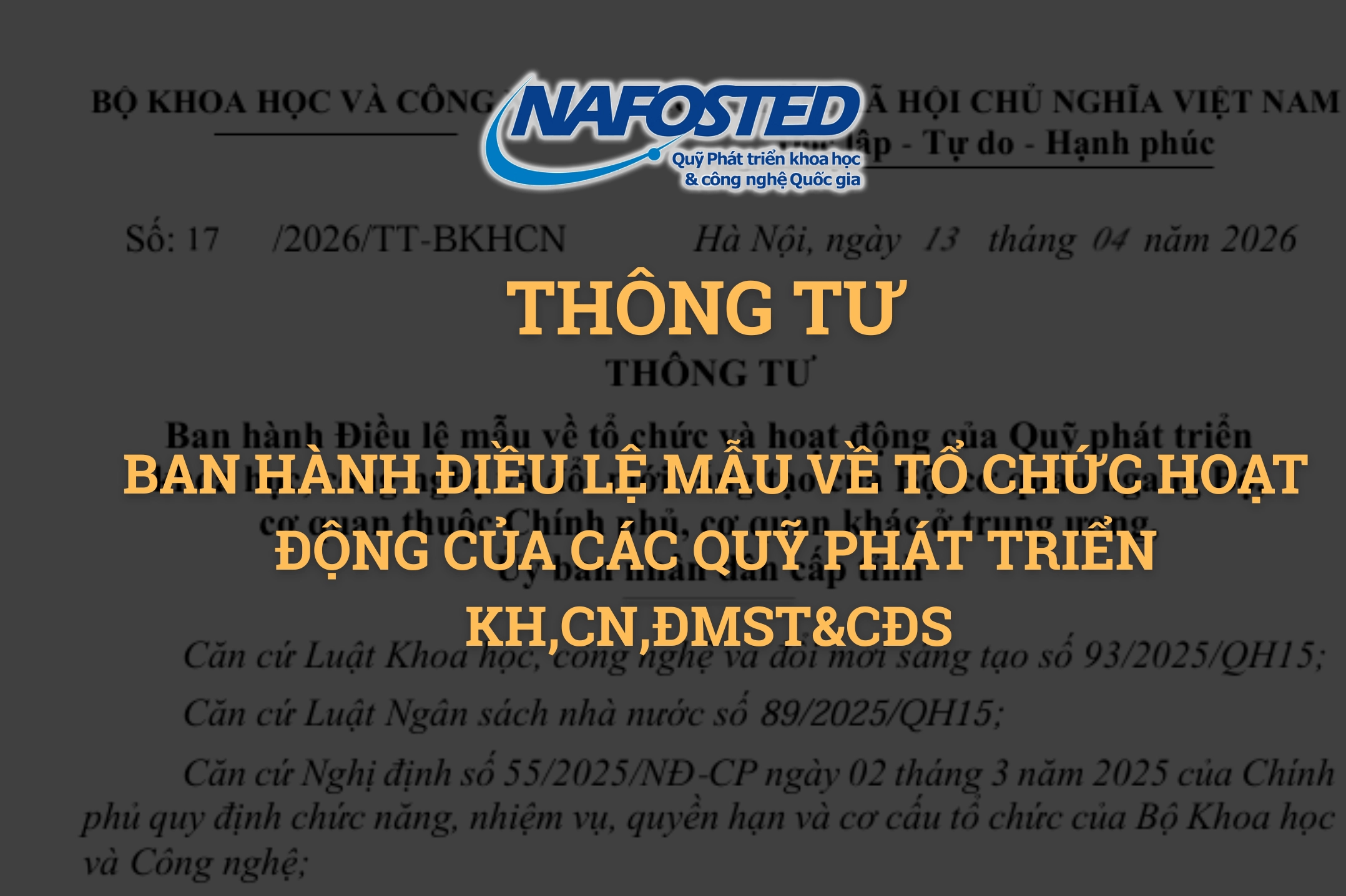 Áp dụng Điều lệ mẫu mới cho Quỹ phát triển khoa học từ ngày 16 tháng 4