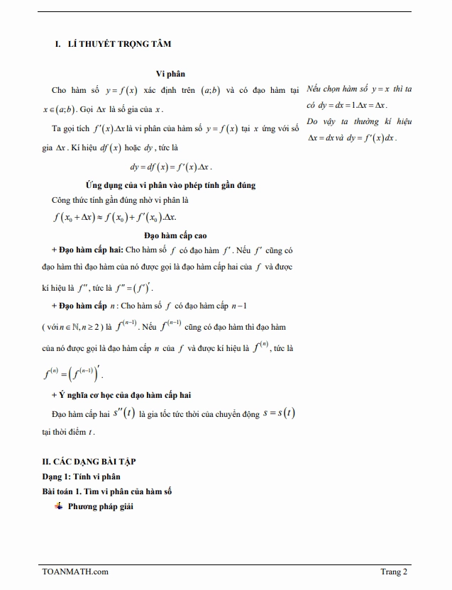 Bảng tóm tắt các công thức vi phân và đạo hàm cấp cao phổ biến