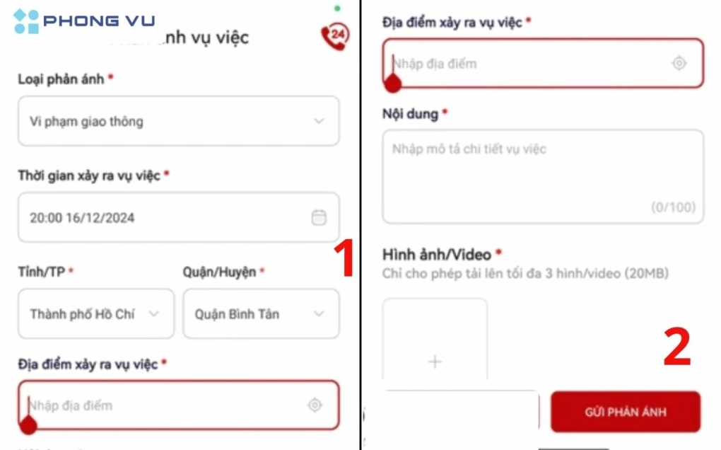 Biểu mẫu điền thông tin chi tiết vụ việc vi phạm giao thông