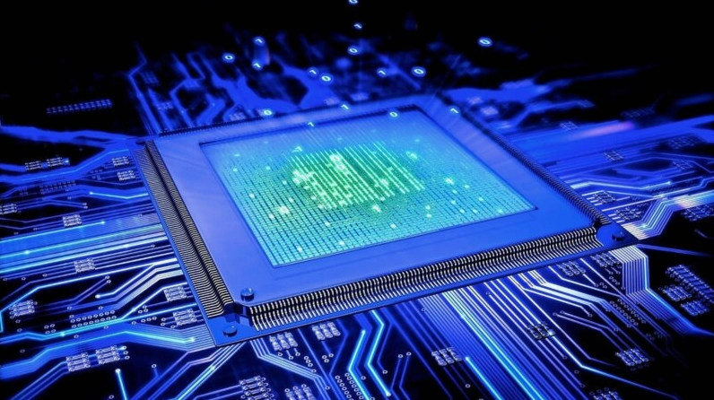 Bức ảnh hình nền công nghệ bán dẫn với con chip trung tâm tỏa sáng