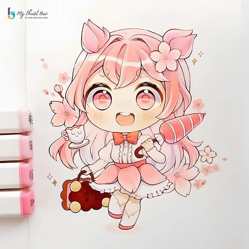 Bức tranh vẽ cô gái chibi với đôi mắt to tròn lấp lánh và nụ cười mỉm đáng yêu