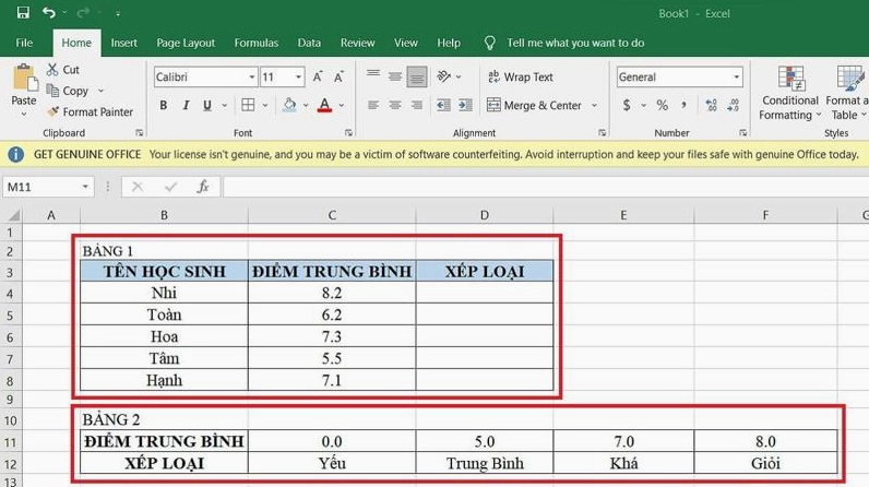 Cách dùng HLOOKUP để xếp loại danh hiệu