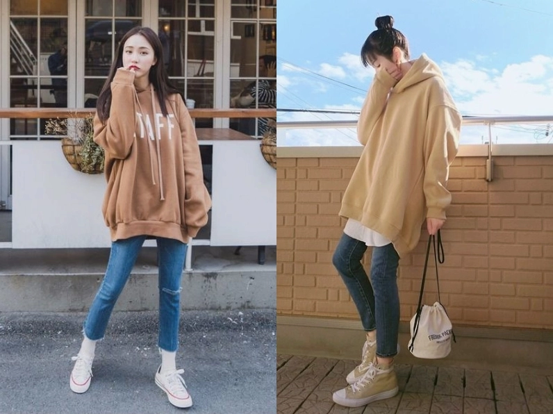 Cách phối áo hoodie nữ năng động cùng quần jeans dài cá tính