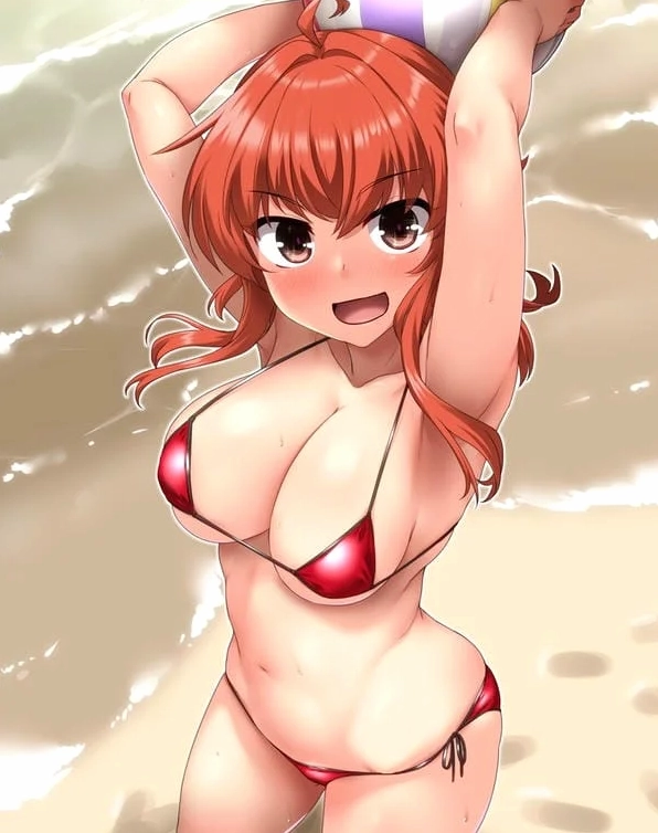 Cô gái anime xinh đẹp mặc bikini tạo dáng quyến rũ trên bãi biển mùa hè