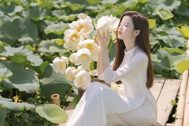 Cô gái khoe vẻ đẹp thuần khiết bên những đóa hoa sen trắng thanh tao