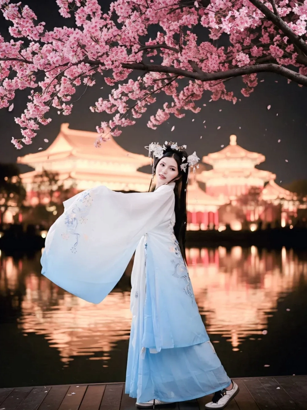 Cô gái mặc sườn xám cosplay cách tân màu đỏ quyến rũ trên phố lồng đèn