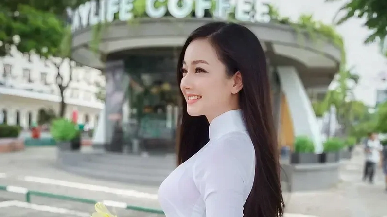 Cô gái xinh đẹp mặc áo dài trắng tinh khôi mỉm cười rạng rỡ tỏa nắng giữa khung cảnh thiên nhiên