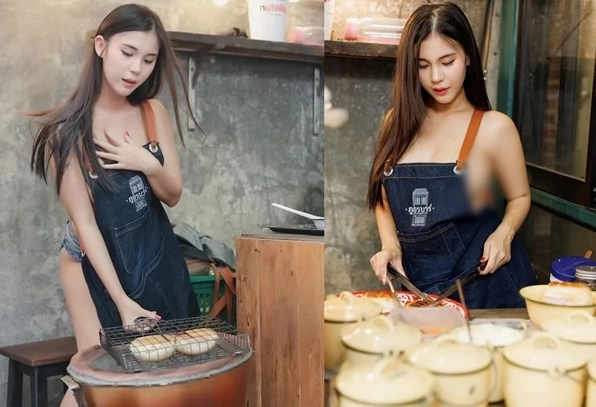 Cô nàng hot girl đứng bán bánh với chiếc tạp dề quyến rũ thu hút mọi ánh nhìn