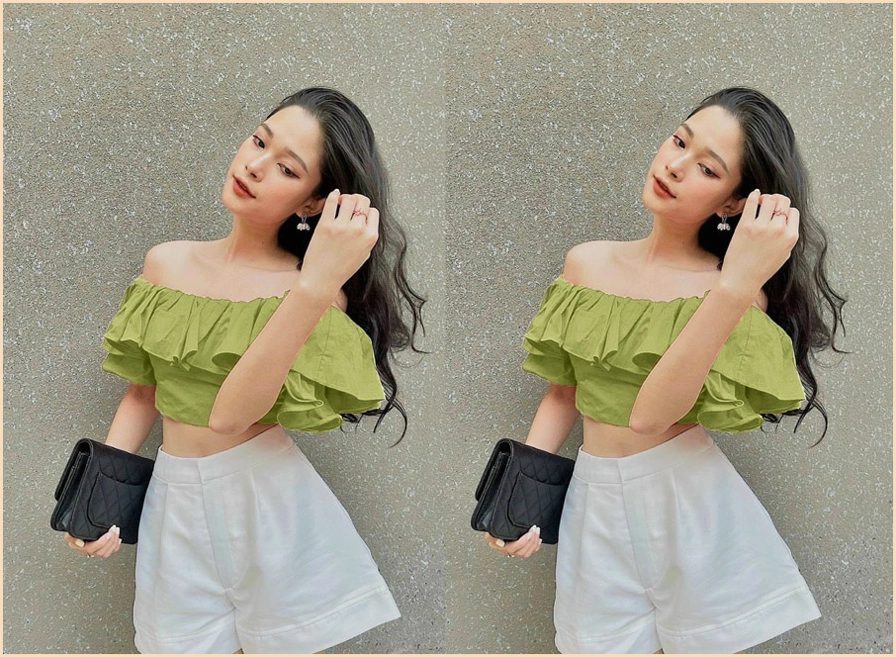 Cô nàng khoe bờ vai trần hờ hững với chiếc áo croptop trễ vai