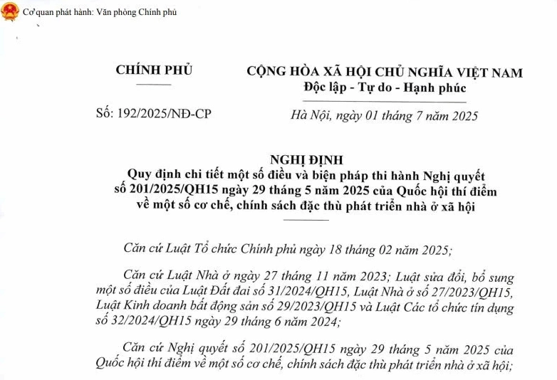 Đã có Nghị định 192/2025/NĐ-CP thi hành Nghị quyết 201 thí điểm cơ chế đặc thù phát triển nhà ở xã hội