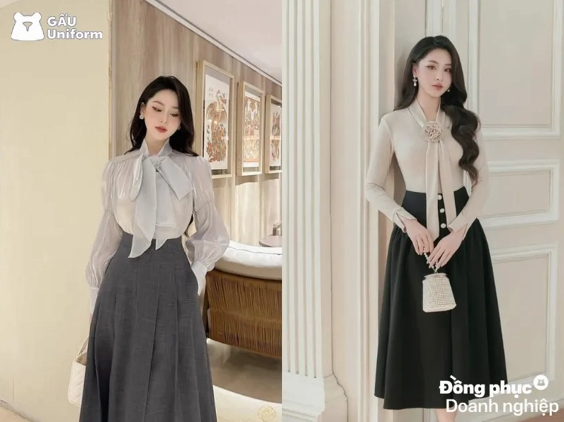 Điểm nhấn ngọt ngào với nơ voan buộc cổ dịu dàng trên set đồ công sở thanh lịch