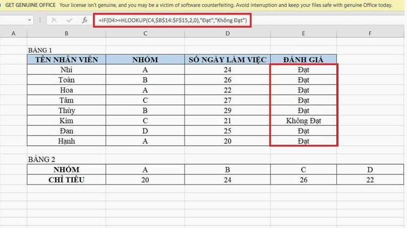Dùng hàm HLOOKUP kết hợp hàm IF để đánh giá nhân viên bước 2