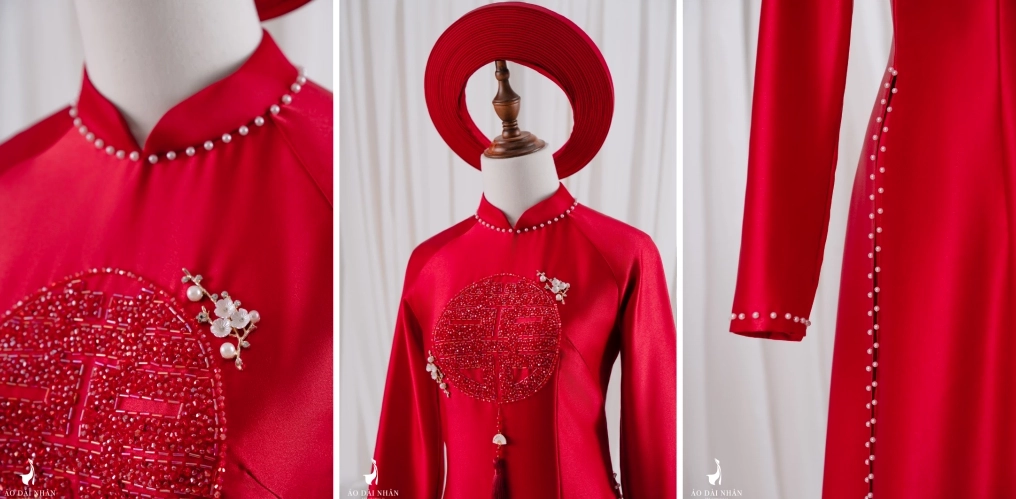 Gái xinh mặc áo dài tết sang trọng với thiết kế lụa trơn bóng và ngọc trai tinh tế toát lên vẻ đài các