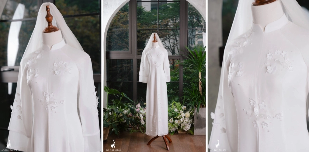 Gái xinh mặc áo dài tết trắng đính hoa 3D cao cấp quyến rũ thu hút mọi ánh nhìn