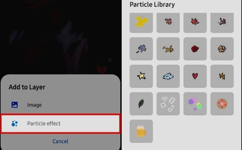Giao diện chọn Particle effect để bổ sung hiệu ứng chuyển động cho hình nền điện thoại cảm ứng