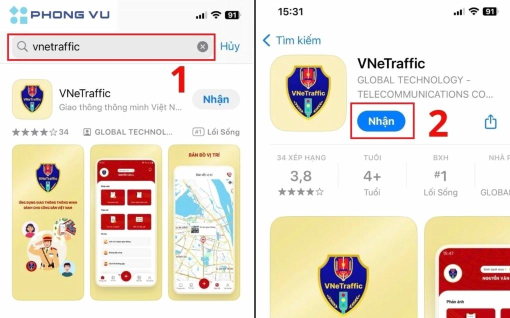 Giao diện tải ứng dụng VNeTraffic trên điện thoại di động
