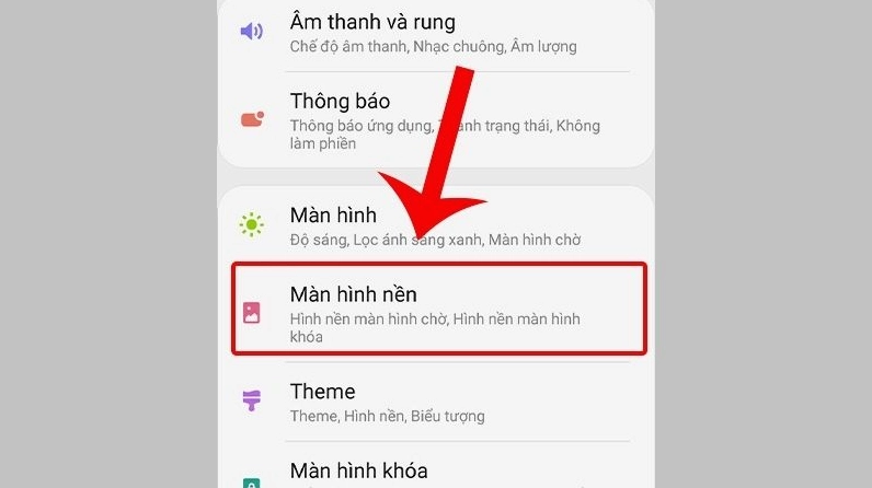 Giao diện vào phần cài đặt và chọn mục Màn hình nền trên điện thoại cảm ứng