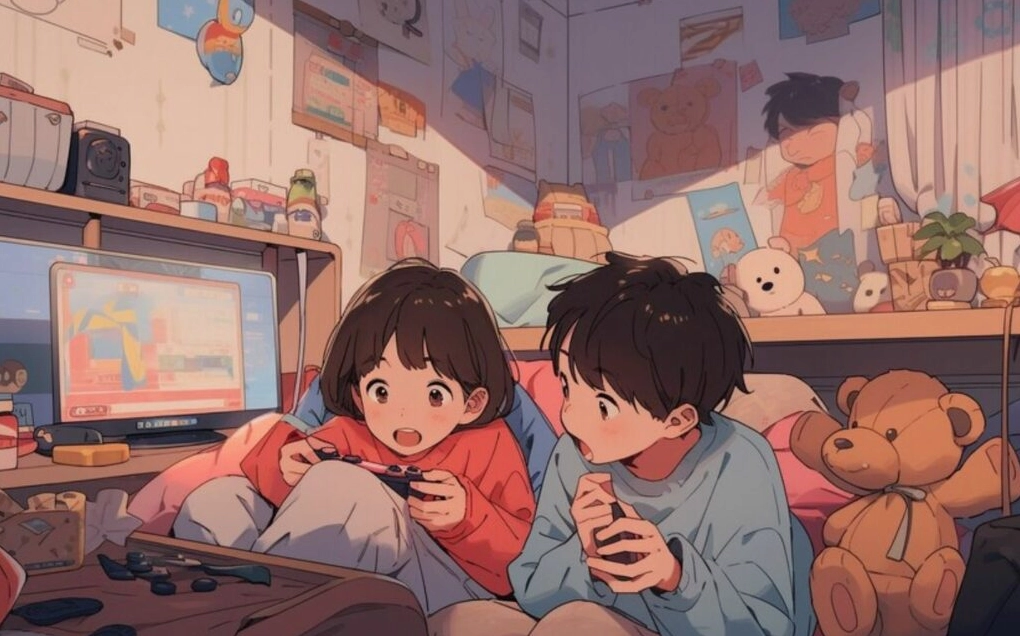 Hai bạn nhỏ say sưa chơi game trong căn phòng ngập tràn đồ chơi siêu đáng yêu