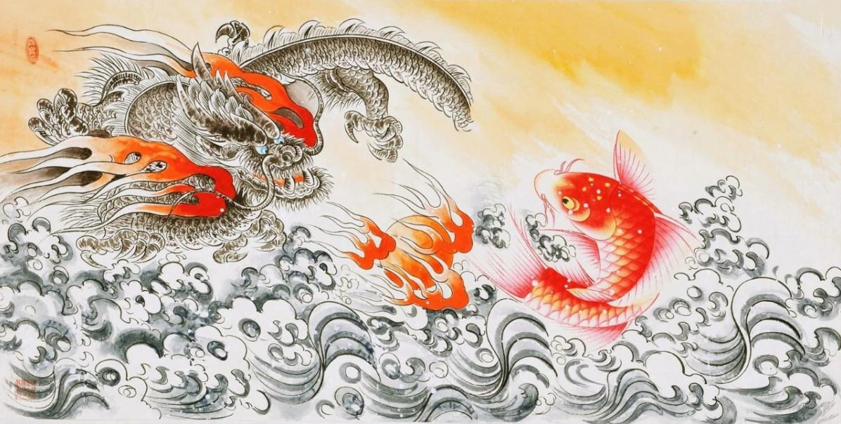 Hình ảnh cá chép hóa rồng minh họa cho sự tích vượt vũ môn