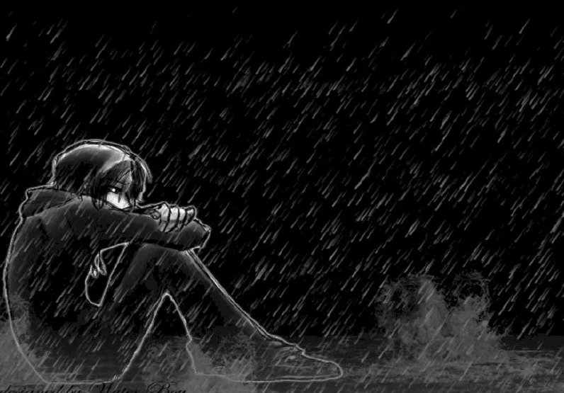 Hình ảnh cô gái anime ngồi thu mình cô đơn dưới cơn mưa xối xả