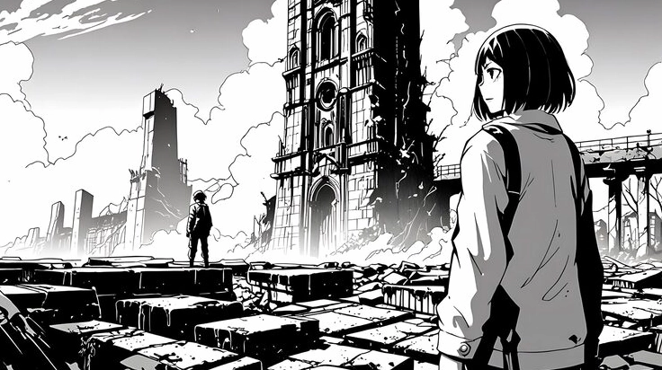 Hình nền anime cô gái thám hiểm đứng giữa thành phố cổ đại bị lãng quên đầy hoang tàn
