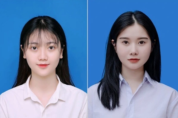 Hình nền chụp ảnh thẻ màu xanh dương cho 2 cô nàng sinh viên năng động trẻ trung