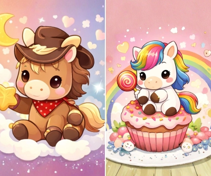 Hình nền con ngựa Chibi cute đôi mắt to tròn biểu cảm đáng yêu màu sắc tươi sáng