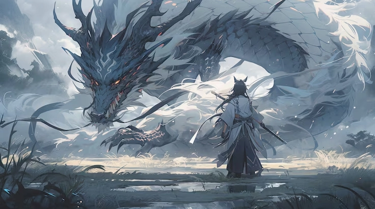 Hình nền đen trắng Anime sinh vật rồng huyền thoại uy nghi mạnh mẽ đầy quyền lực