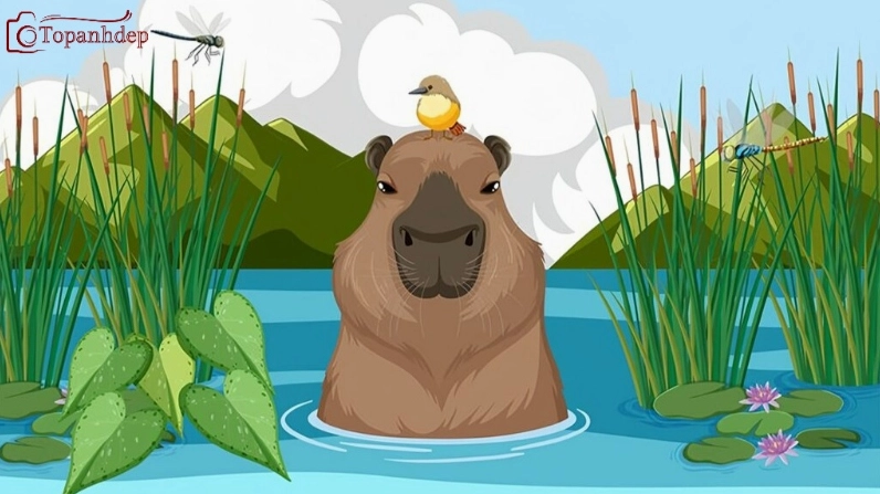 Hình nền động vật dễ thương Capybara phong cách hoạt hình vô tri ngộ nghĩnh