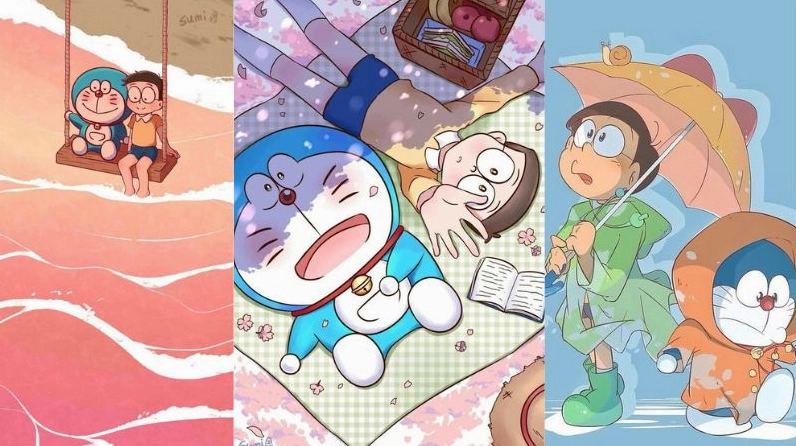 Hình nền doremon cute đang vui đùa cùng các món bảo bối thần kỳ