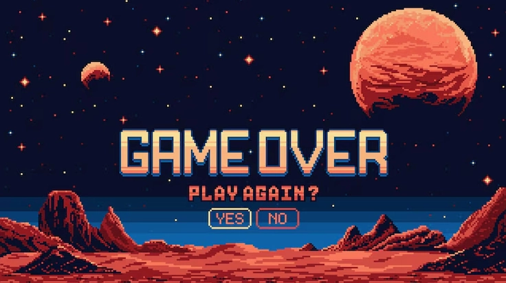 Hình nền game over 8bit pixel art với bối cảnh hành tinh sao Hỏa