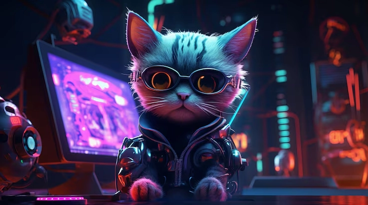 Hình nền gaming chú mèo dễ thương ngồi cạnh máy tính siêu nét