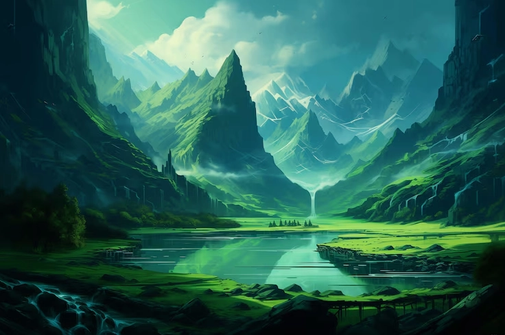 Hình nền gaming phong cách anime với phong cảnh đồi núi thơ mộng