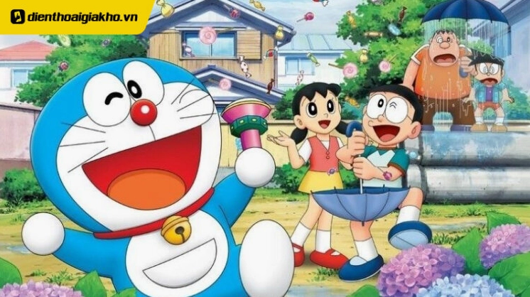 Hình nền máy tính doremon bay lượn với chong chóng tre trên bầu trời